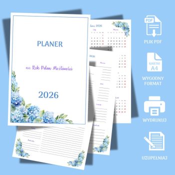 Planer hortensje 2026 Kalendarz 2026 do druku